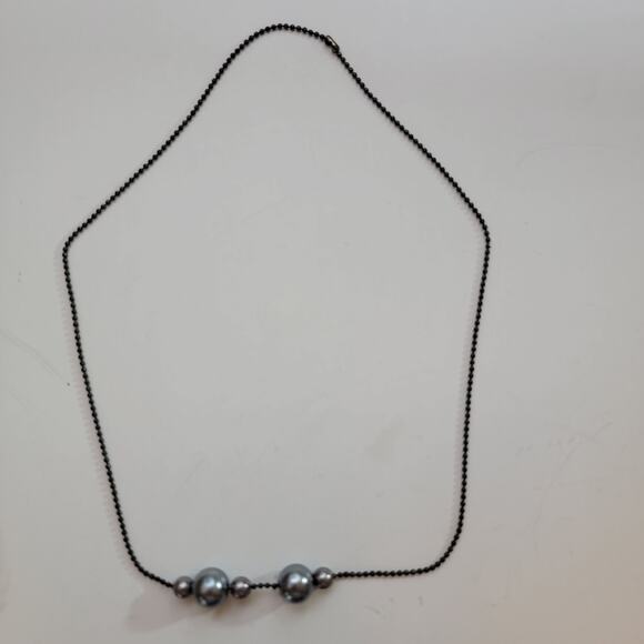 Gray Metallic Bead Choker 14 Inch Black Chain Necklace Vintage Costume Jewelry - Picture 1 of 10